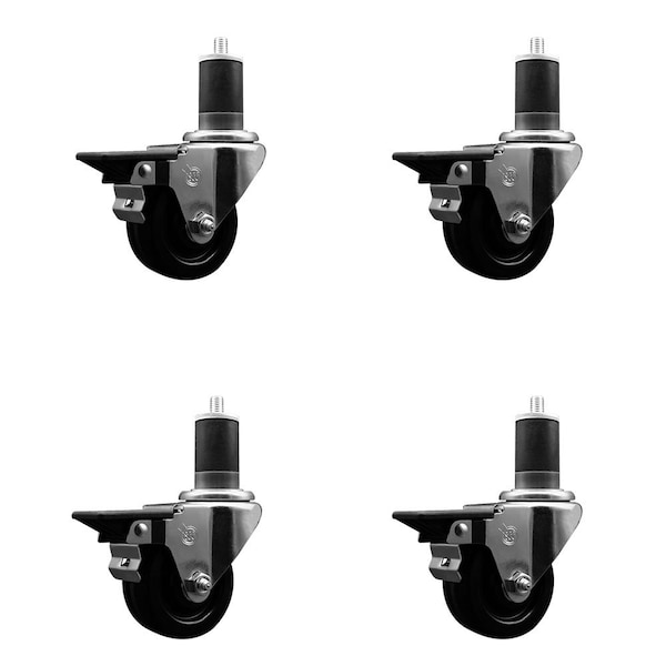 3'' Phenolic Swivel 1-5/8'' Expanding Stem Caster Set with Brake, 4PK